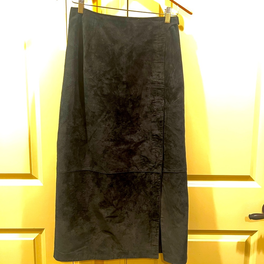 Vintage 90s Charter Club Black Suede Leather Midi Skirt Size 6P